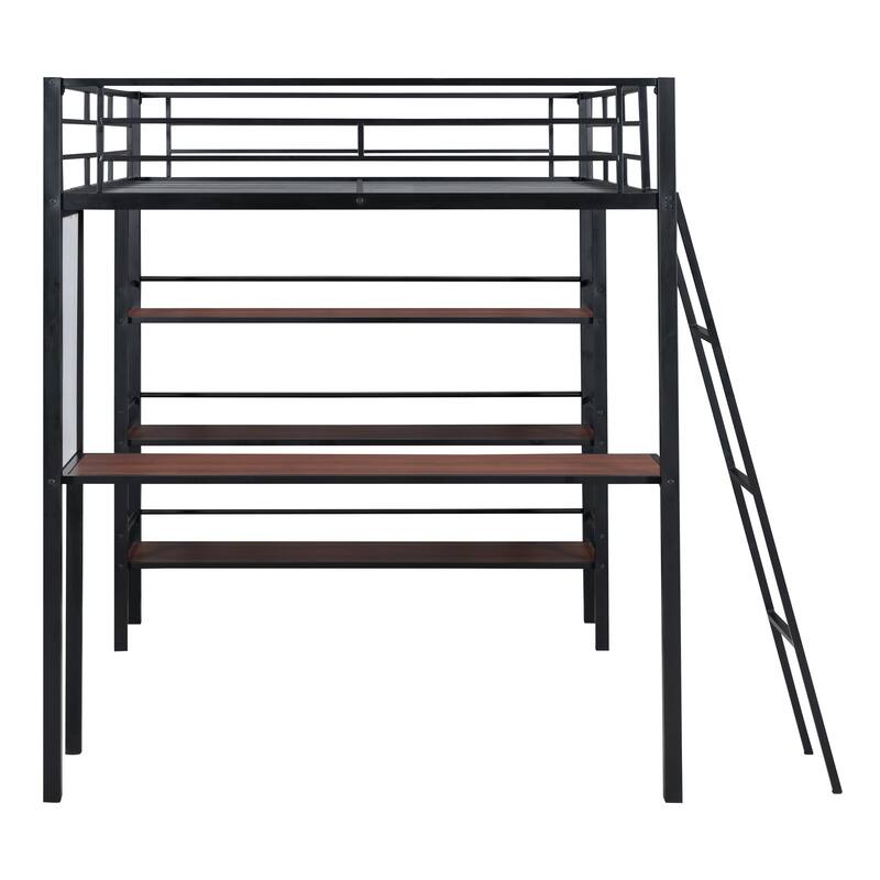 Stylish Twin Size Loft Metal Bed with Shelves, Desk, and Whiteboard - Space-Saving Metal Frame Bed for Work and Play
