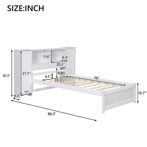 dimension image slide 0 of 2, Twin Size Platform Bed with Storage Headboard, Kids Bed Frame with 3-built-in shelves & 2-side lockers for Bedroom, Grey