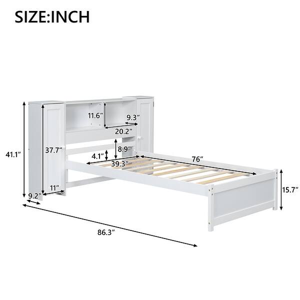 Twin Size Platform Bed with Storage Headboard, Kids Bed Frame with 3-built-in shelves & 2-side lockers for Bedroom, White