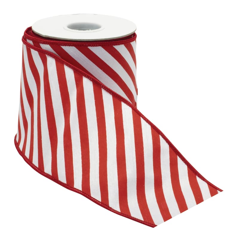 Red and White Striped Wired Ribbon 4x10 Yards Set of 2 Rolls - 360” x 4”x 0.25”