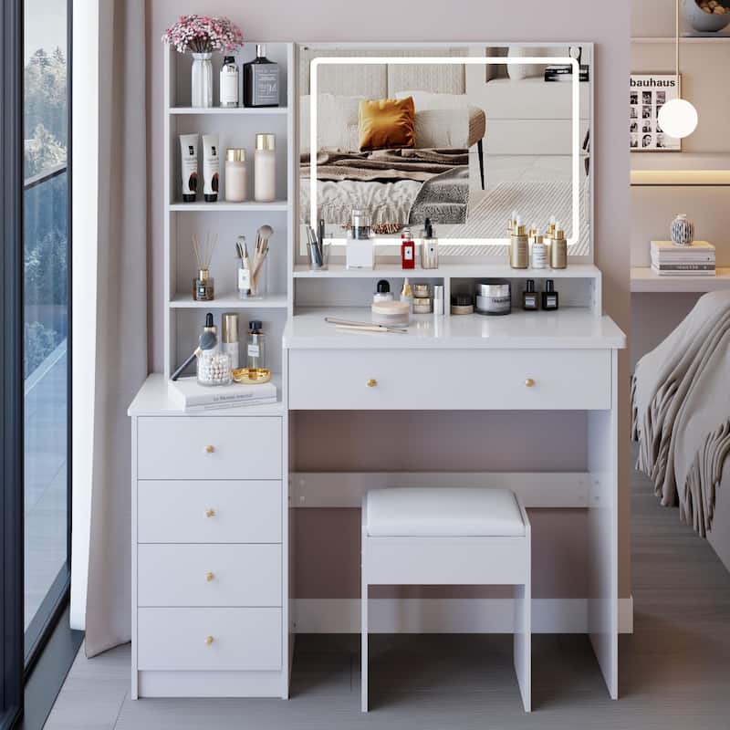 41"Large Size Left Bedside Cabinet Vanity Table+Cushioned Stool, Extra Large LED Mirror, Multi Layer High Capacity Dresser - White
