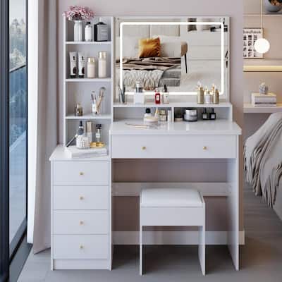 Dresser Set with Cushioned Stool, Extra Large Touch Control LED Mirror, Vanity Table with 3 Color Switch, High Capacity Storage
