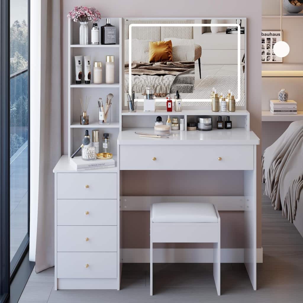 Large Size Left Bedside Cabinet Vanity Table+Cushioned Stool,Large Touch Control LED Mirror,3-color Switch,Multi Layer
