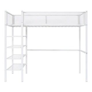 Twin Size Loft Bed with 4-Tier Shelves and Storage, Metal Loft Bed Frame with Storage Shelf and Ladder for Kids Teens,White