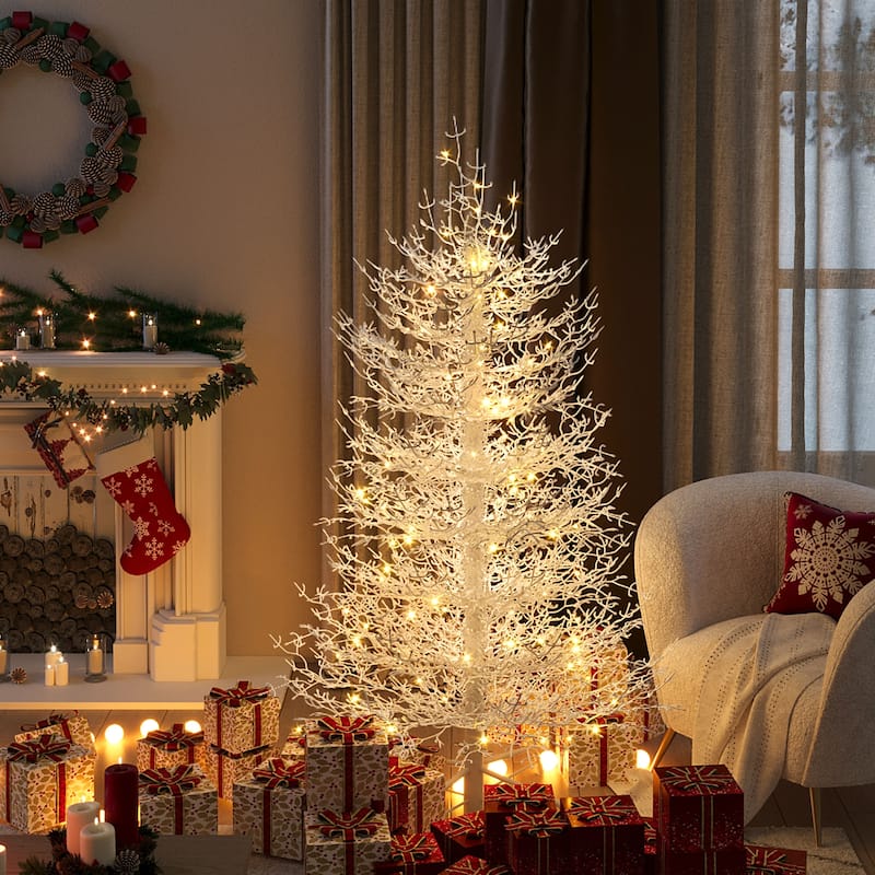 4FT Pre-lit Aspen Fir Artificial Christmas Tree, Hinged Xmas Tree 280 Snow Flocked Branch Tips, 230 Warm Yellow LED Lights - White