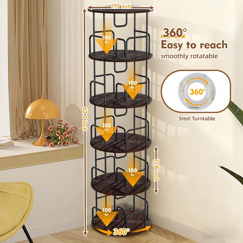 Rotating Bookshelf Tower 5 Tier, Spinning Bookcase, Vertical Turning Round storage Bookshelf