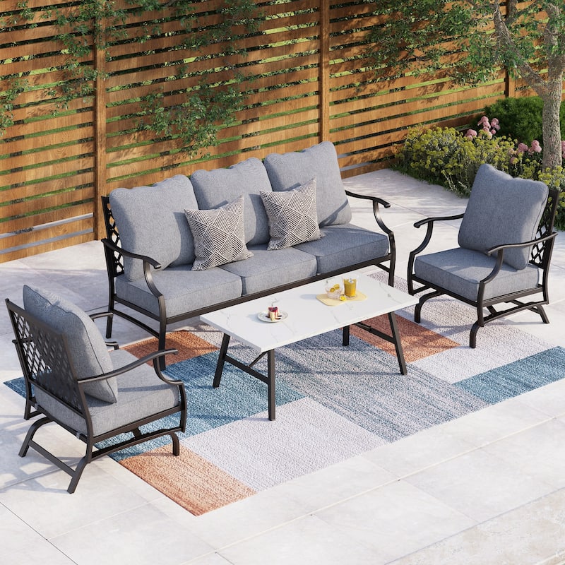 MAISON ARTS 4/5-Piece Patio Conversation Sets, Sofa Set with 2 xSingle Sofa Chairs, 1 x 3-seater Sofa and Coffee Table/Ottomans - Set 3 - Grey