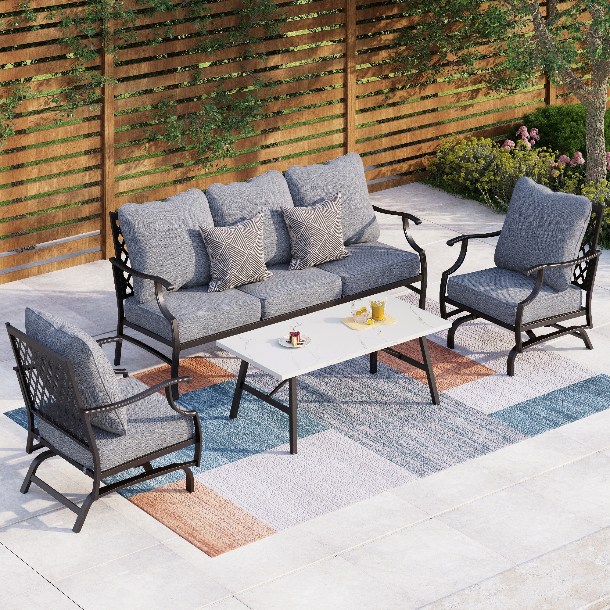 MAISON ARTS 4/5 Pieces Patio Conversation Sets, Sofa Set with 2 xSingle Sofa Chairs, 1 x 3-seater Sofa and Coffee Table/Ottomans