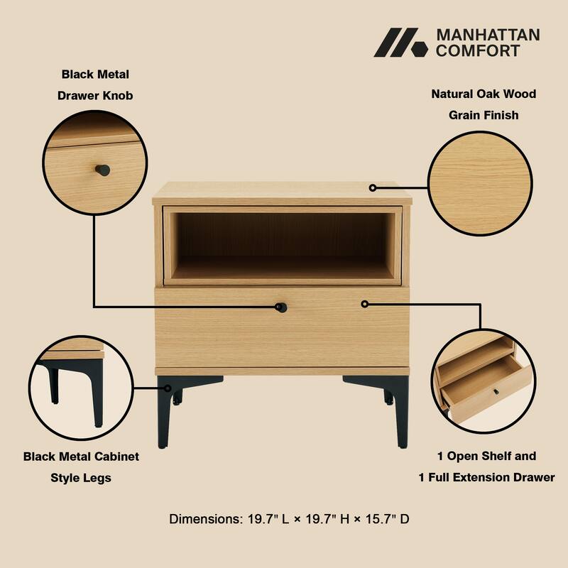 Modern Nightstand with Drawer and Open Shelf Metal Frame Design