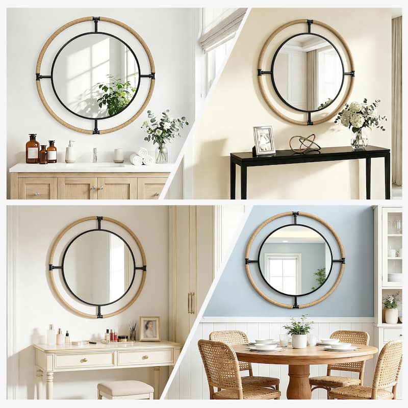 Coastal Rope & Iron Round Wall Mirror Hanging Decor for Living Room - 32"X32"
