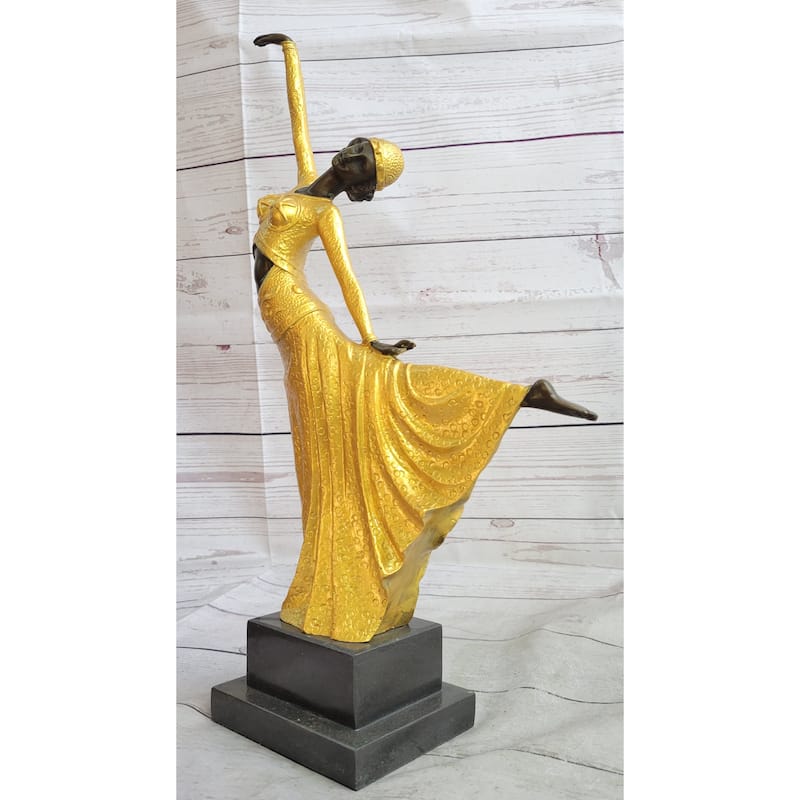 Chiparus Arabesque Dancer Gold Patina Bronze Sculpture Statue Art Deco Figure On Marble Base