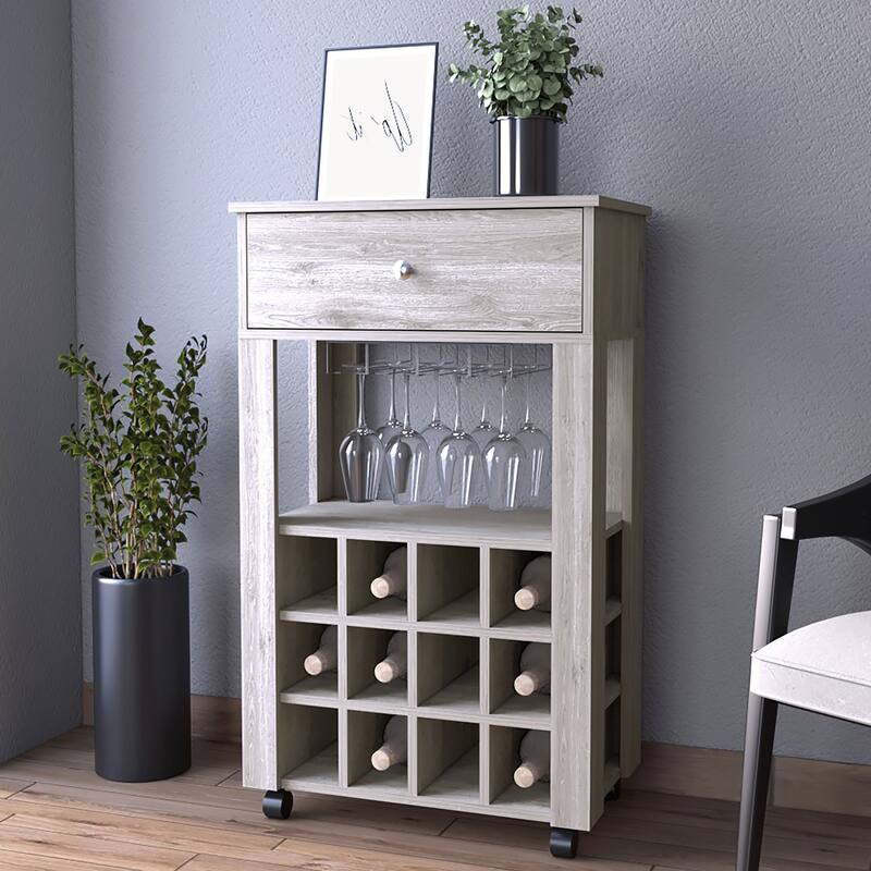 12-Bottle Wine Rack Bar Cart with Stemware Rack, Drawer, and Caster Wheels, Black Finish - Gray