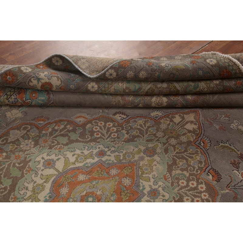 Gray Distressed Tabriz Persian Vintage Area Rug Handmade Wool Carpet - 9'7"x 13'0"