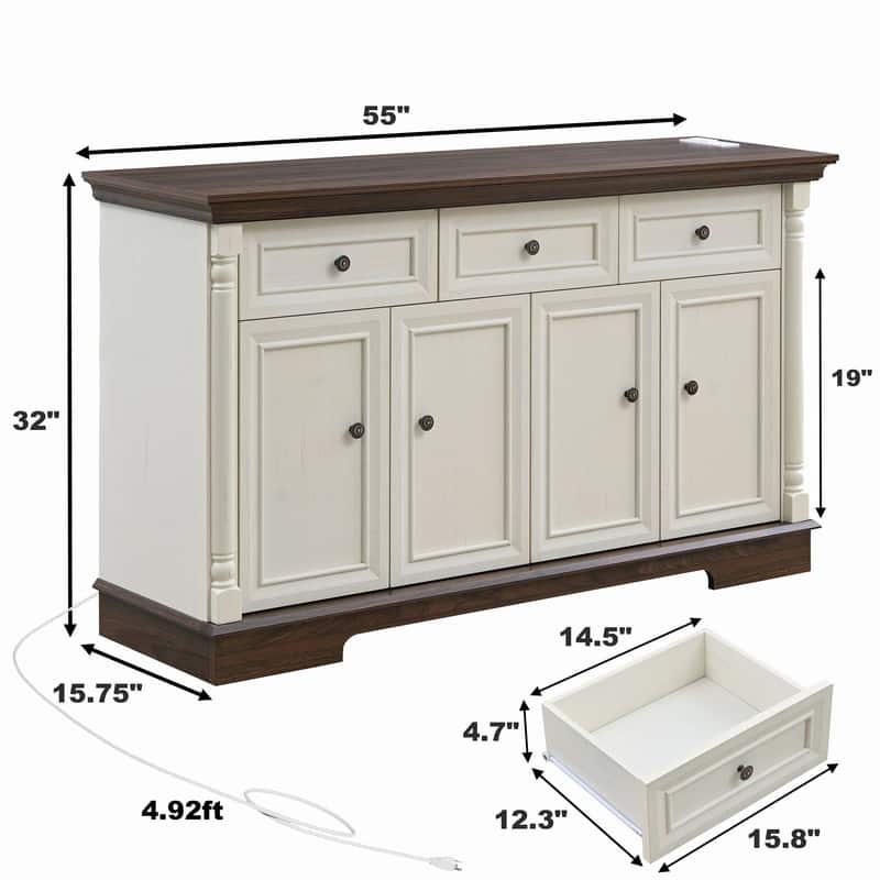 Farmhouse 55" Sideboard Buffet, Kitchen Storage Cabinet with 3 Drawers for Organized Home Living Solutions