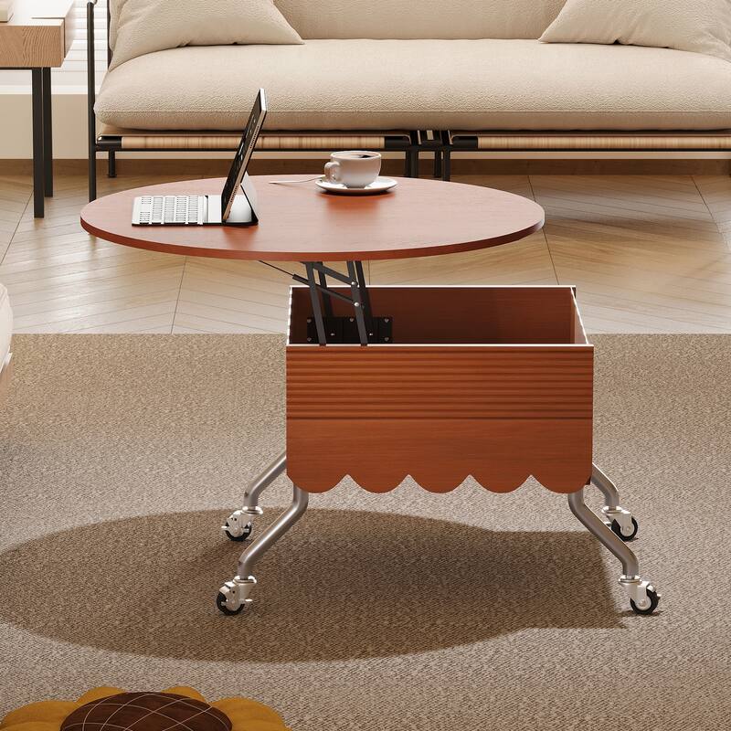 Round Lift-Top Coffee Table with Wheels, Metal Frame and Multi-Color Lighting in 27.6"