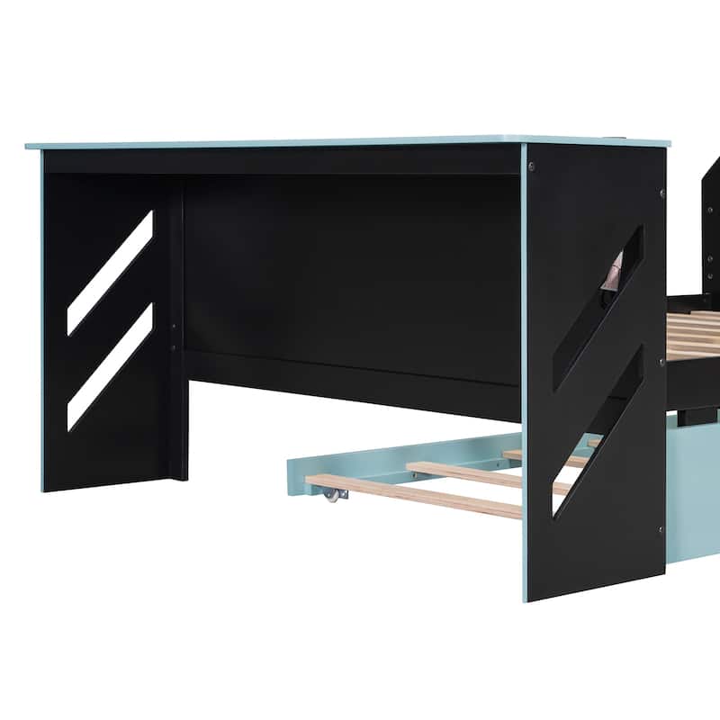 Esports & Work Daybed Full Size Platform Bed for Teens with Twin Size Trundle, Built-in Desk, USB Ports and Cable Management