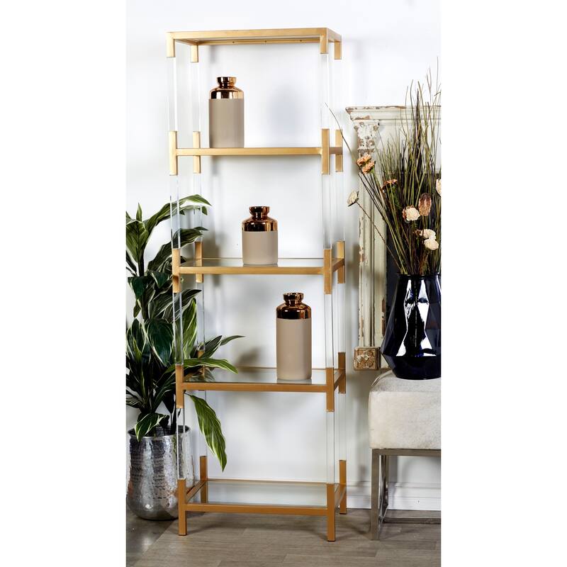 Metal Minimalistic 5 Tier Shelving Unit with Clear Glass Shelves and Acrylic Legs - Gold or Clear - Roche River Decor
