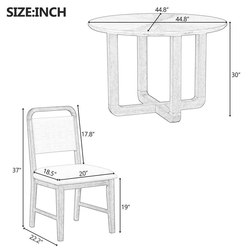 5 Piece Dining Table and Chair Set, Wooden Kitchen Dining Table Set with Round Dining Table and 4 Upholstered Chairs