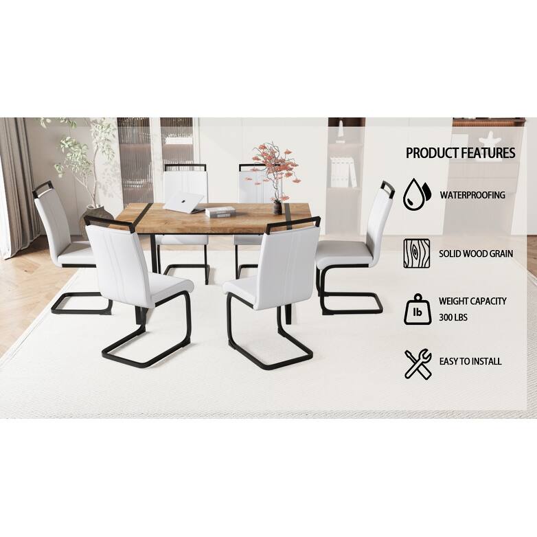 7-Piece Dining Table Set with Wood Grain Tabletop, Chair with C-shaped Bases, Ergonomically Curved Backrest