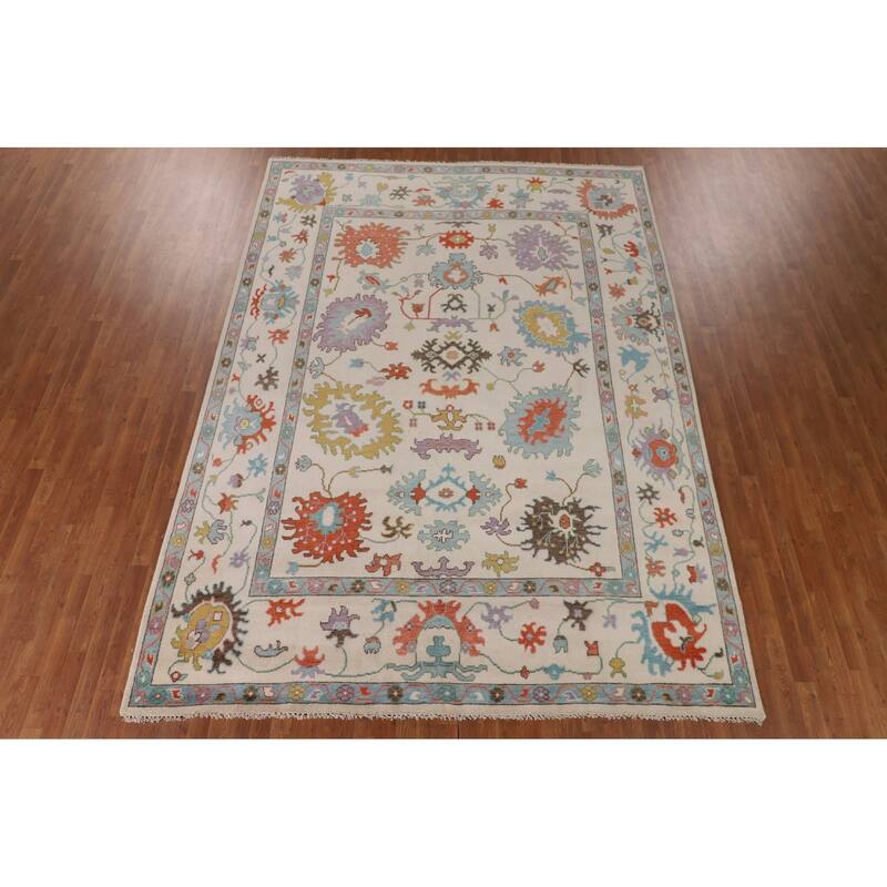 Beige Transitional Floral Oushak Area Rug Hand-Knotted Wool Carpet - 8'9" x 12'0"