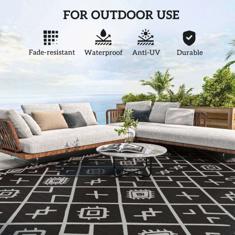 Reversible Outdoor Rug Rhombus Pattern, UV-Protected Foldable Polypropylene Mat with Carry Bag - 215.7" L x 107.9" W