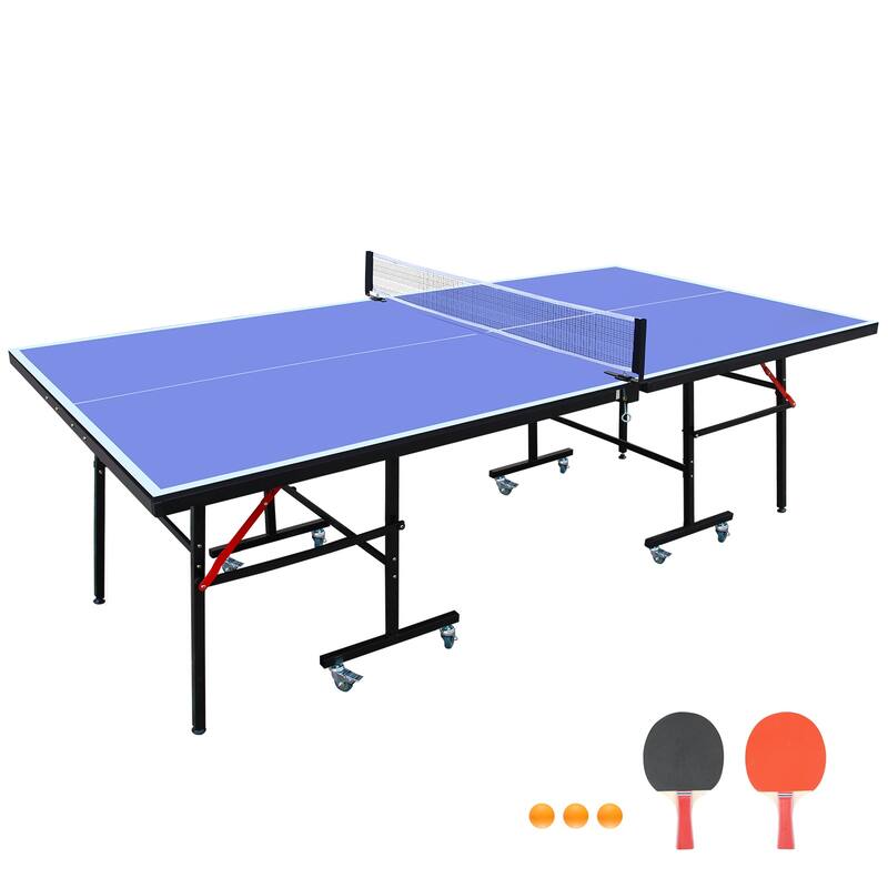 8ft Mid-Size Table Tennis Table Foldable & Portable Ping Pong Table Set with Net, 2 Table Tennis Paddles and 3 Balls - Blue