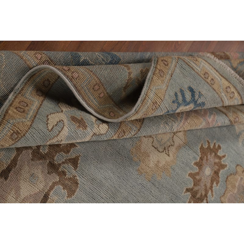 Geometric Blue Vegetable Dye Oushak Turkish Hand-Knotted Wool Carpet - 5'5"x 7'7"