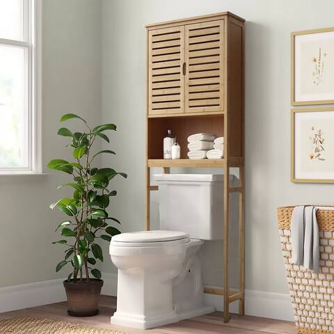 VEIKOUS Bamboo Over-The-Toilet Storage Cabinet Bathroom Organizer with Shelf and Cupboard