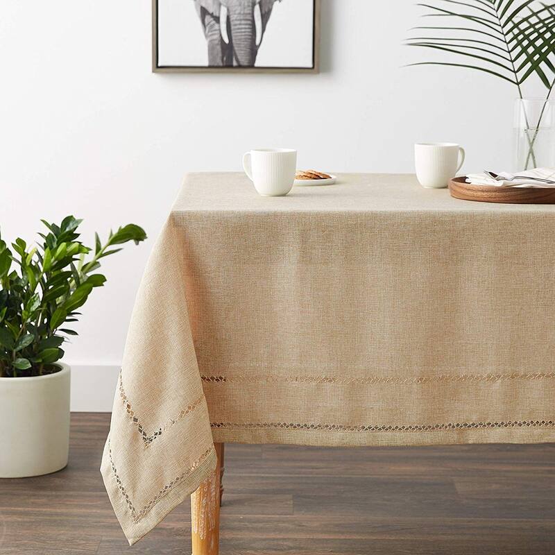 Violet Linen Hem Stitch Border Vintage Pattern Tablecloth - 68" X 108" - Gold