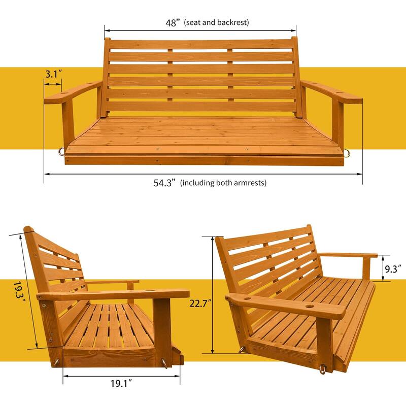Wooden Porch Swing with Hanging Chains and 7mm Springs Heavy Duty 800 LBS for Outdoor Patio Garden Yard