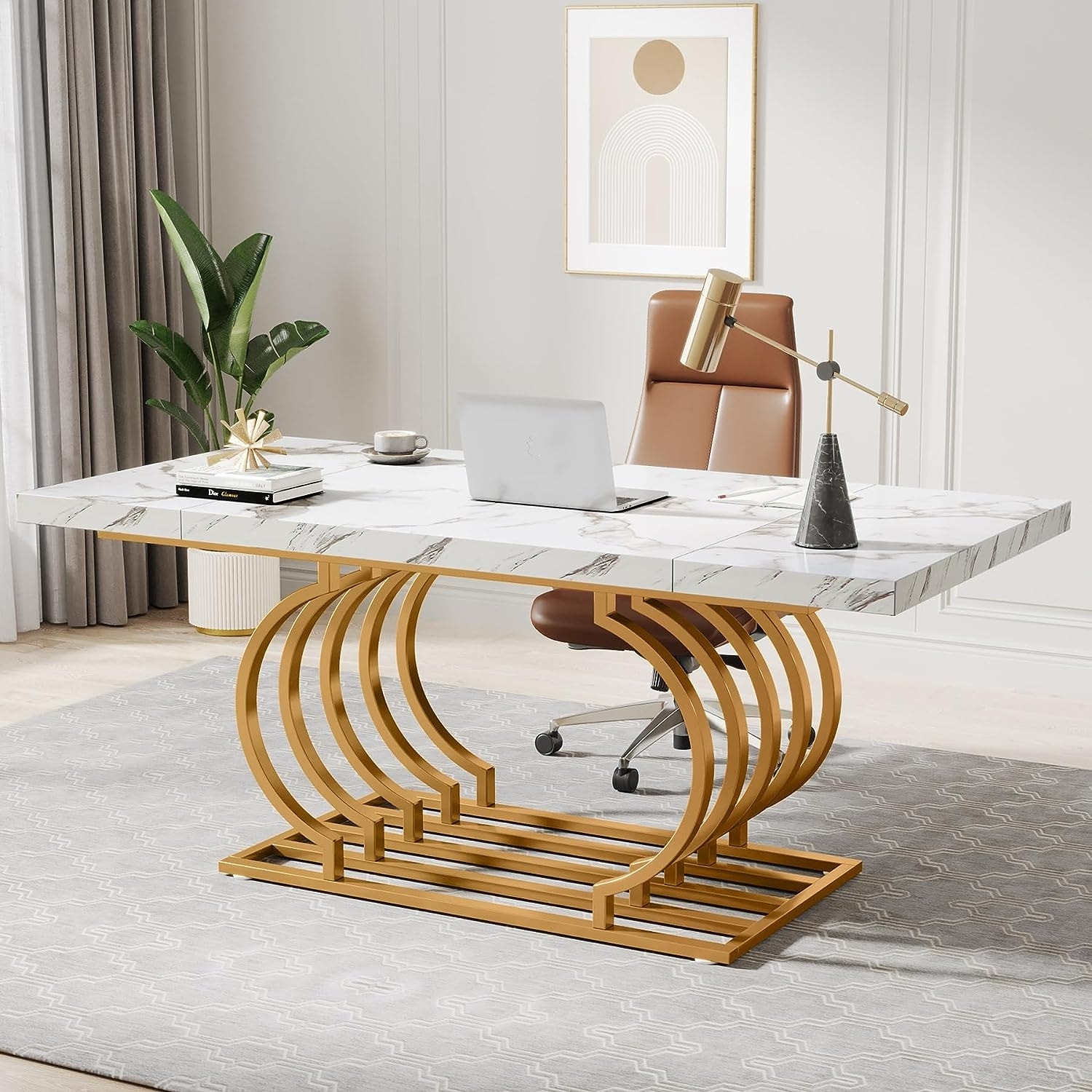 63 Modern Office Desk with Drawer Writing Desk with Abstract Design in  White & Gold