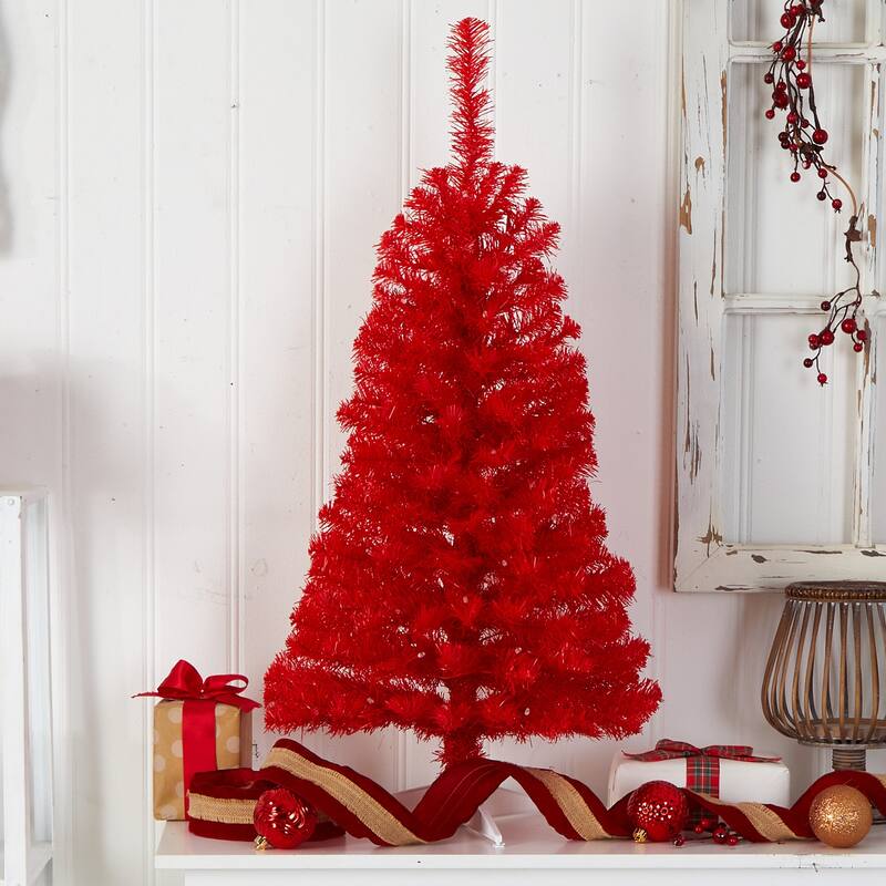 3ft. Red Artificial Christmas Tree with 50 LED Lights & 118 Branches - Bold Festive Holiday X-Mas Accent