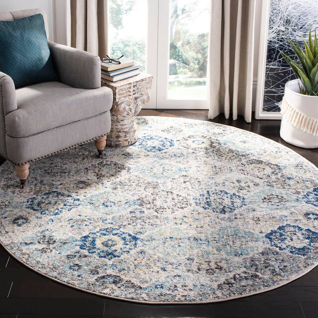 SAFAVIEH Madison Avery Boho Chic Distressed Area Rug - 10' x 10' Round - Ivory/Aqua