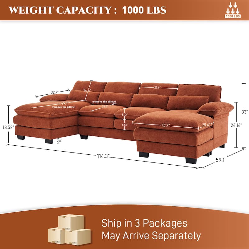 Ouyessir Soft Chenille Fabric U-shaped Sectional Sofa Set with Doudle Layer Cushion