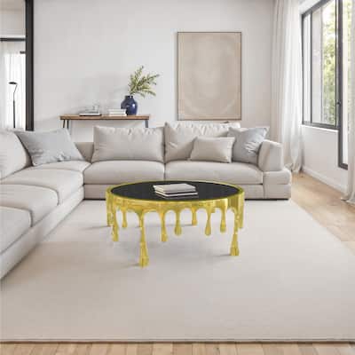 Capri Coffee Table, 36 Inch Round Glass Top, Melting Drip Design, Antique Gold