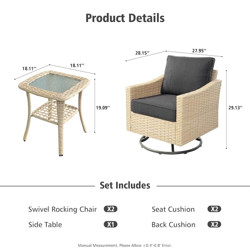 HOOOWOOO 3-piece Rattan Patio Swivel Rocking Chair Set with Side Table