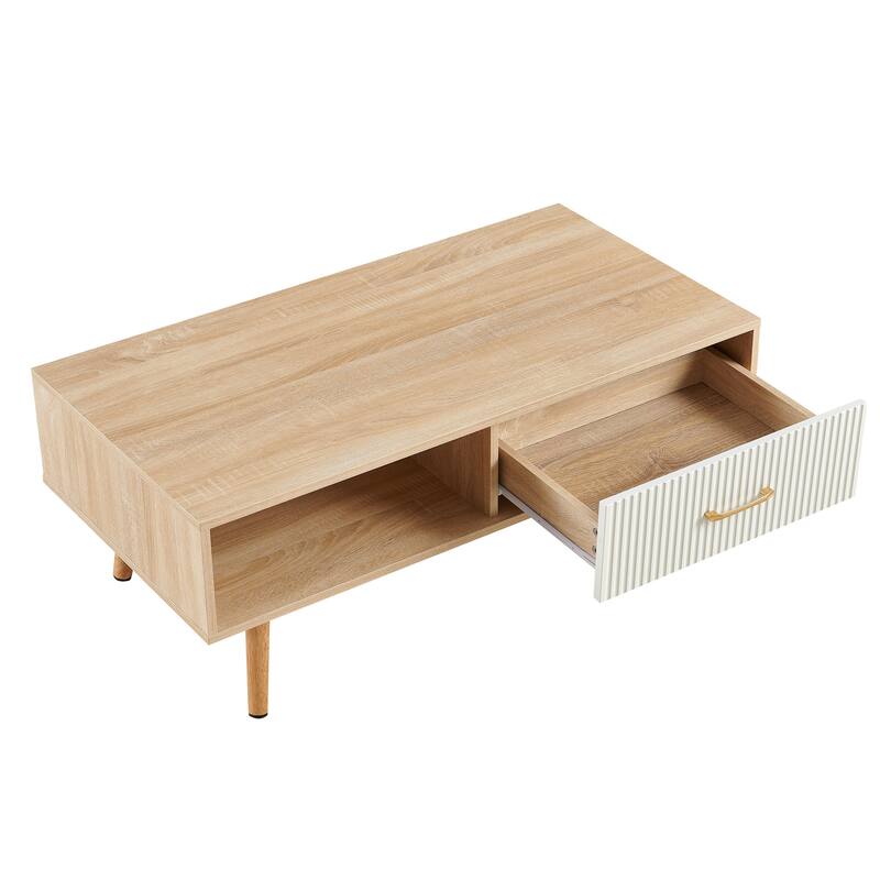 Rectangle Coffee Table with Solid Wood Legs, Sliding Drawer for Storage, Modern Table for Living Room