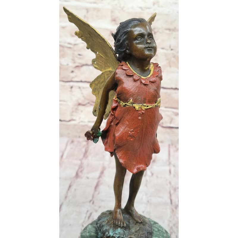 Hot Cast Bronze Young Fairy Girl Winged Angel Figure Sculpture On Green Marble Base