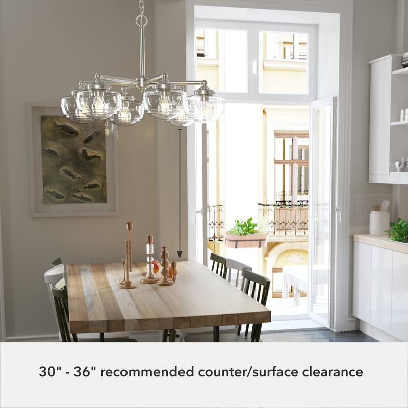 Hunter Saddle Creek Contemporary Schoolhouse Chandelier - Clear or White Glass Globes - Entry, Dining Room, Kitchen Table