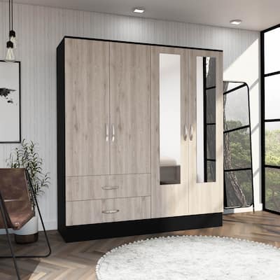 Two Double Door Armoires Wardrobe with Mirrors, Shelves, Hanging Rod & 2 Drawers
