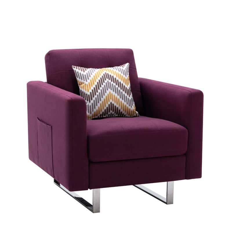Linen Fabric Armchair with Metal Legs, Side Pockets, and Pillow