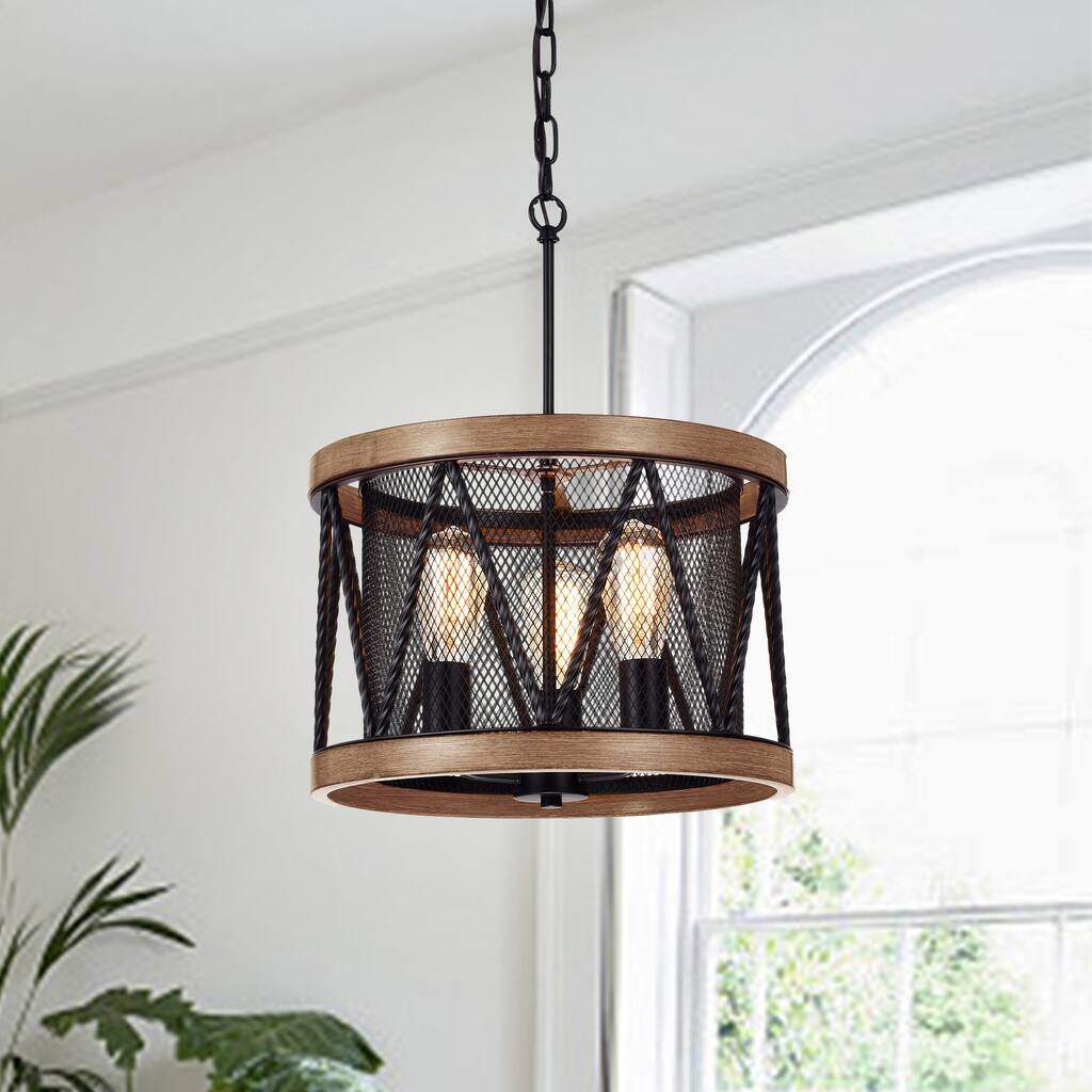 Sequoias 3-Light Black and Wood Chandelier with Mesh Metal Drum