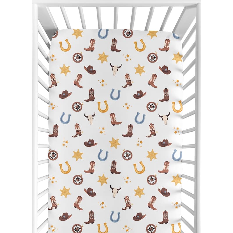 Sweet Jojo Designs Boho Western Cowboy Boy Fitted Crib Sheet - Blue, Bohemian, Vintage Wild West, Cow Boy Boots, Southern Charm