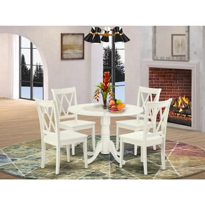 HomeStock 5-Pc Round Linen White Finish Solid Wood Top Dining table with 4 Chairs with Drop Leaf Cross Back