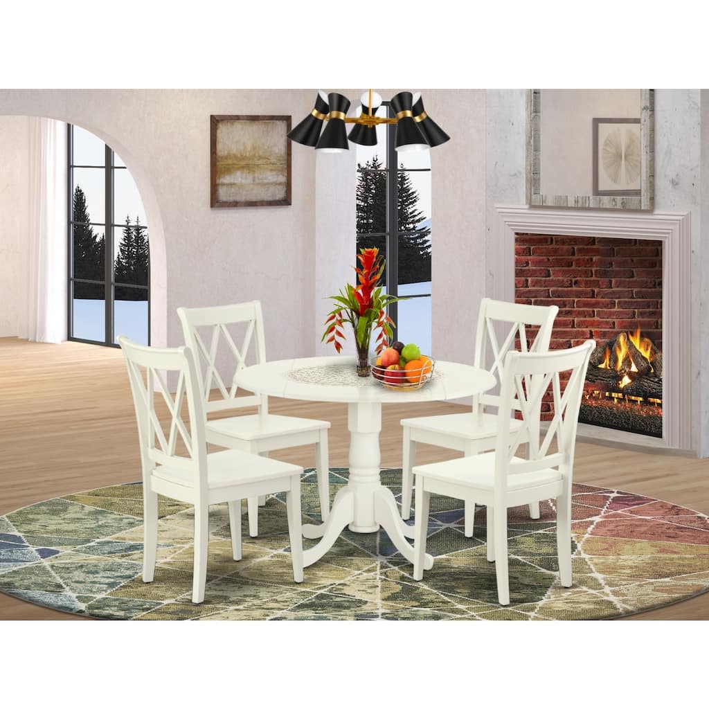 HomeStock 5-Pc Round Linen White Finish Solid Wood Top Dining table with 4 Chairs with Drop Leaf Cross Back
