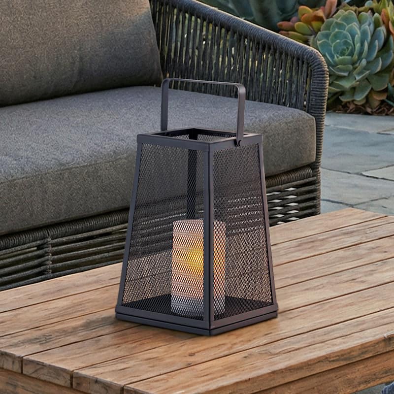 H10" Solar Outdoor Lantern with Flickering Candle Light Modern Metal Mesh with Solar Powered Lantern for Garden Deck Pathway - W7‘’ - Matte Black