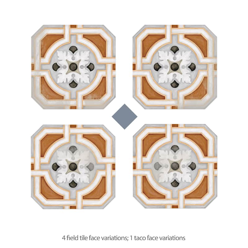 Merola Tile Vaudeville Octagon Deco Zimer with Taco Azzuro 7-7/8" x 7-7/8" Porcelain Floor and Wall Tile
