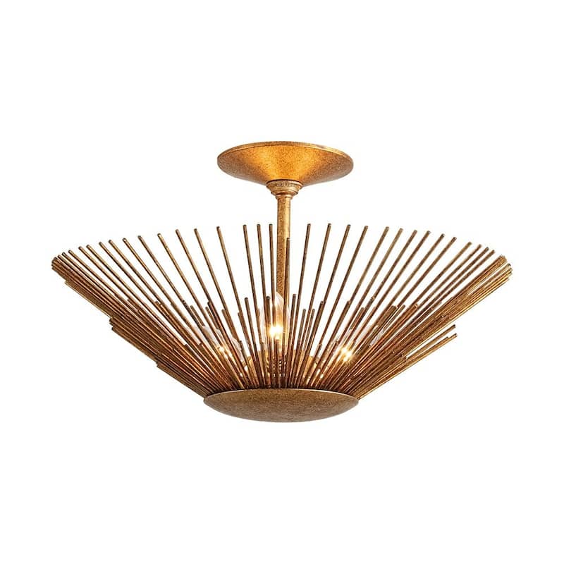 3-Light Vintage Luxe Gold Leaf Sunburst Semi Flush Ceiling Light