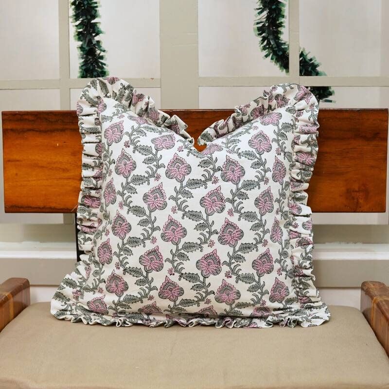 Fabdivine Cotton Frill Both Side Floral Pillow Cove Bed or Living Room Decoration