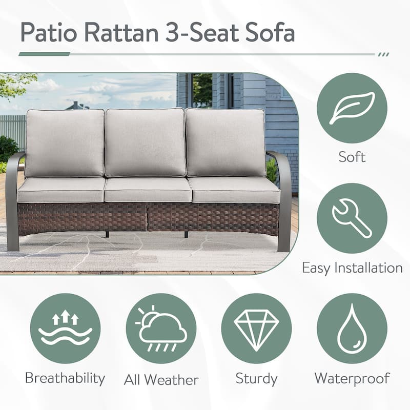 3 Piece Outdoor Patio 3 Seat Sofa & Ottoman - Beige Cushion - Brown